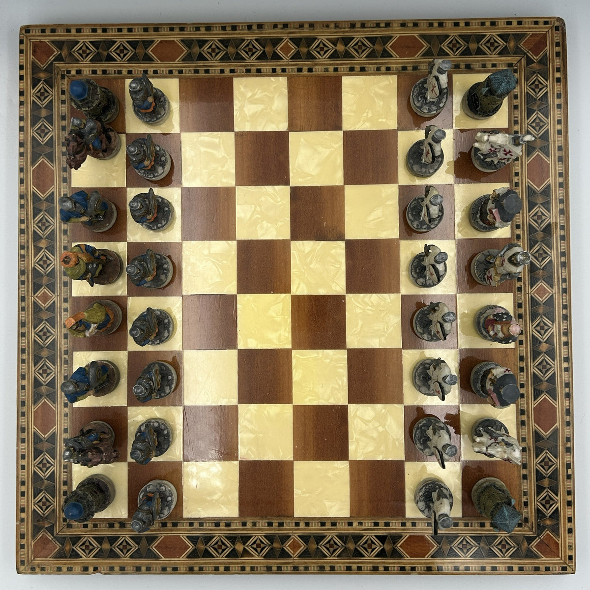 Vintage Helena marquetry wooden chess board with Crusades chess set