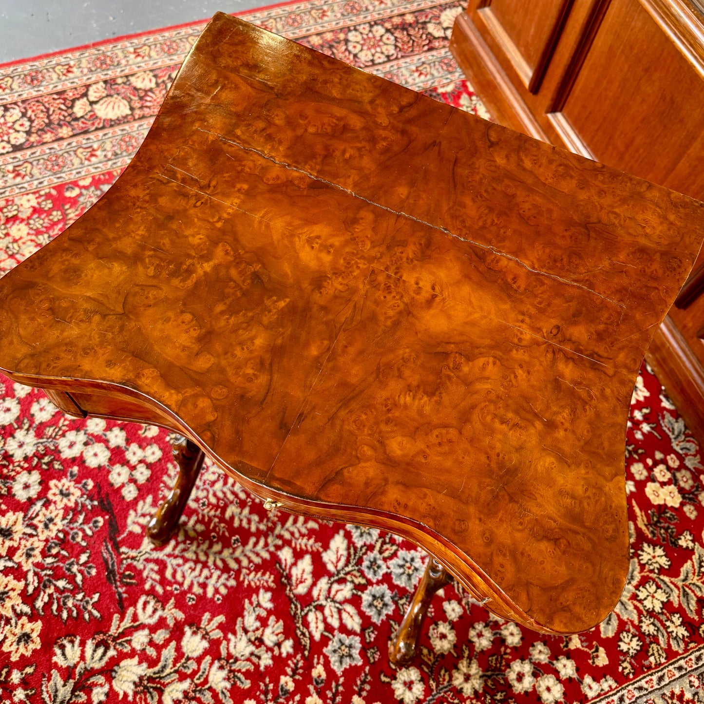 c1860 Victorian burr walnut and marquetry games and sewing table