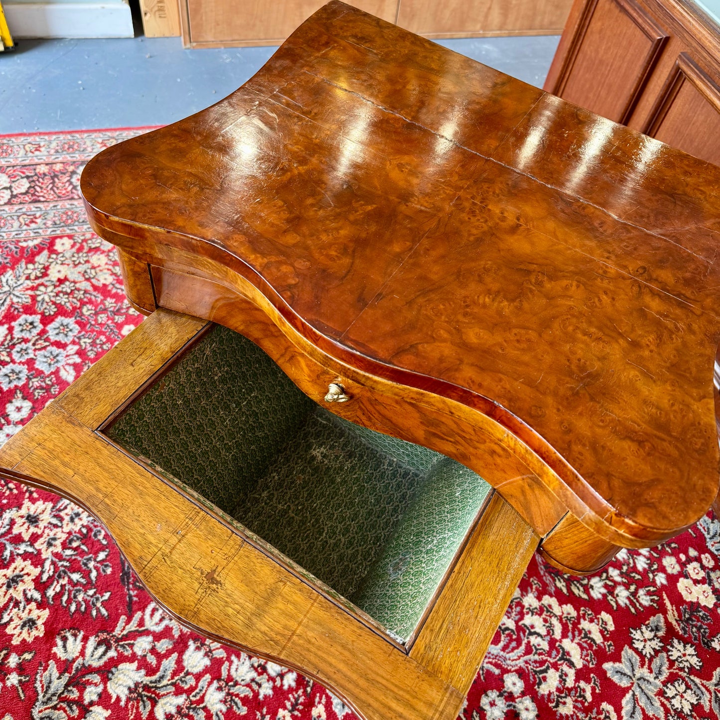 c1860 Victorian burr walnut and marquetry games and sewing table