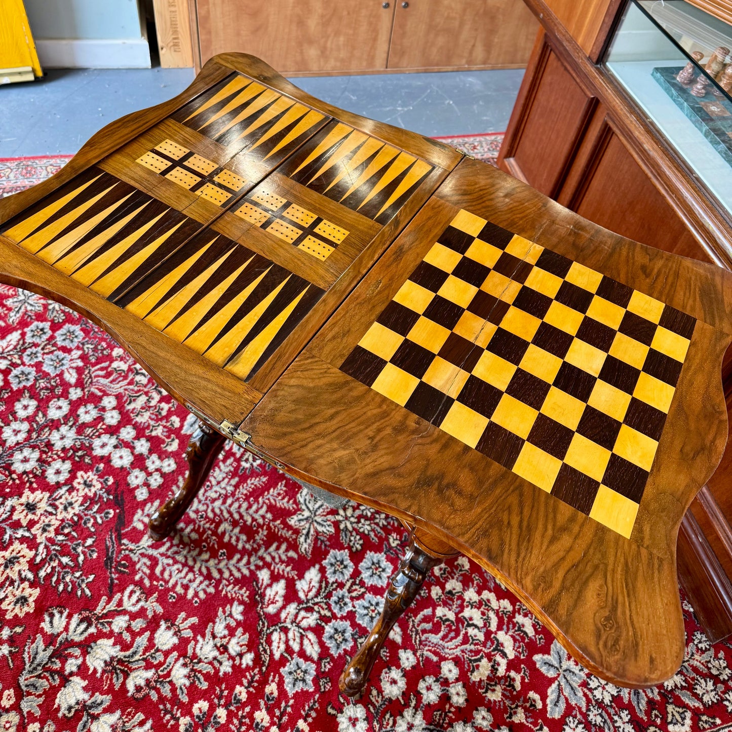 c1860 Victorian burr walnut and marquetry games and sewing table