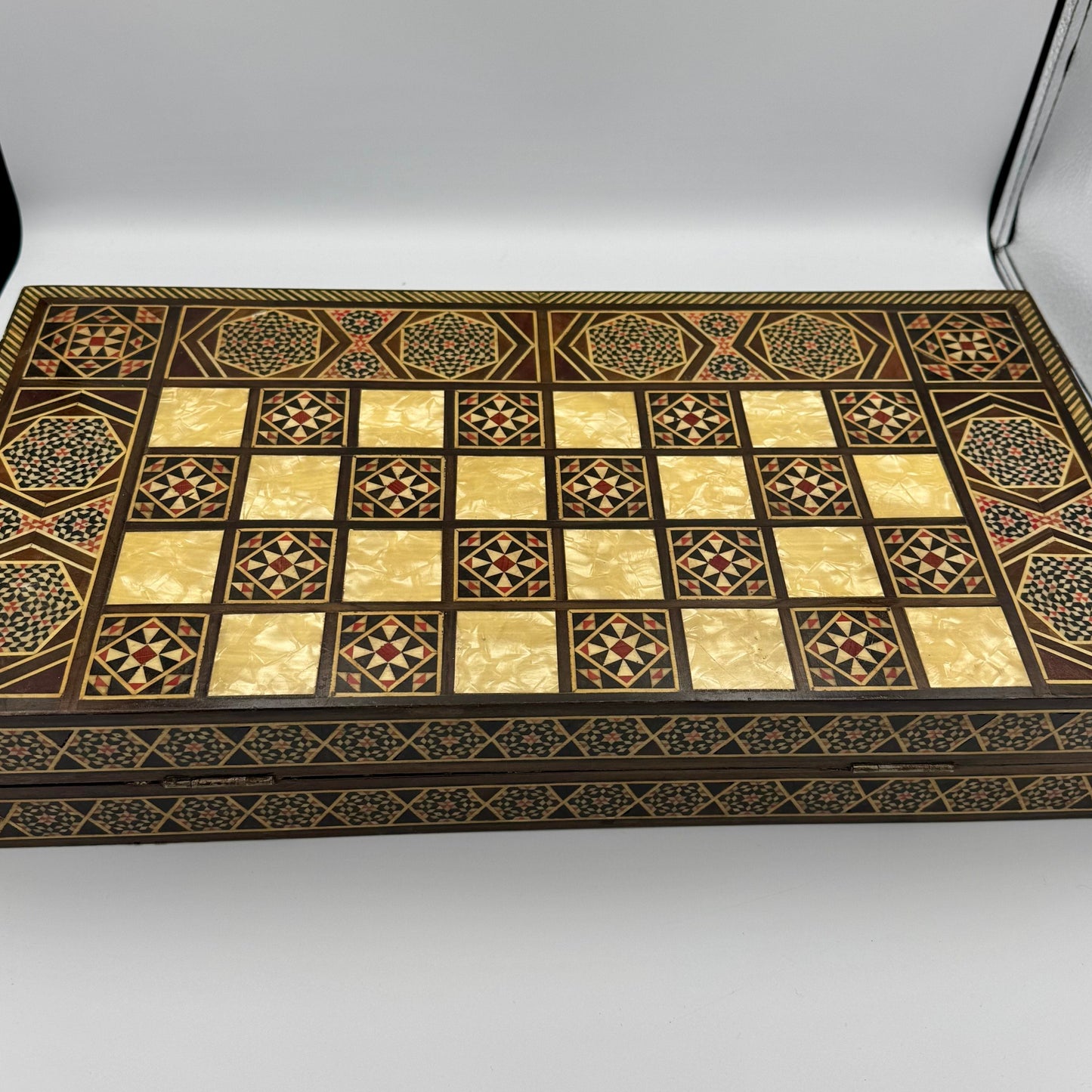 Vintage mid century Syrian arabesque mosaic inlay wood and mother of pearl chess and backgammon board (no pieces)