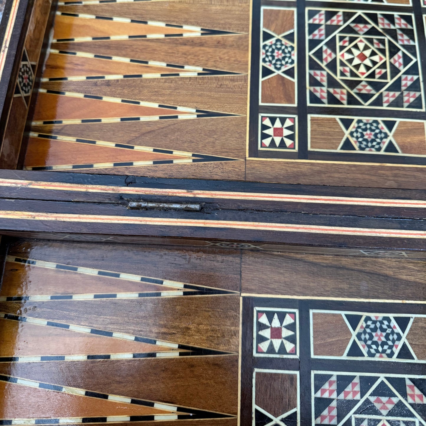 Vintage mid century Syrian arabesque mosaic inlay wood and mother of pearl chess and backgammon board (no pieces)