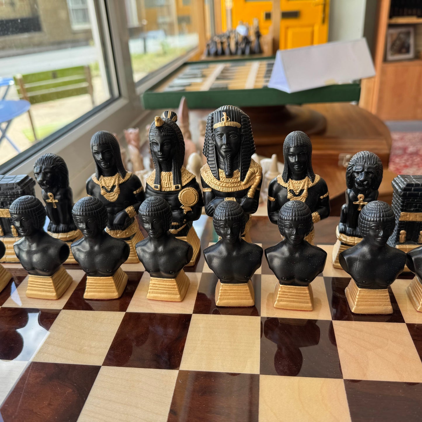 Studio Ann Carlton Rameses Chess set with highly polished 20" wooden chess board