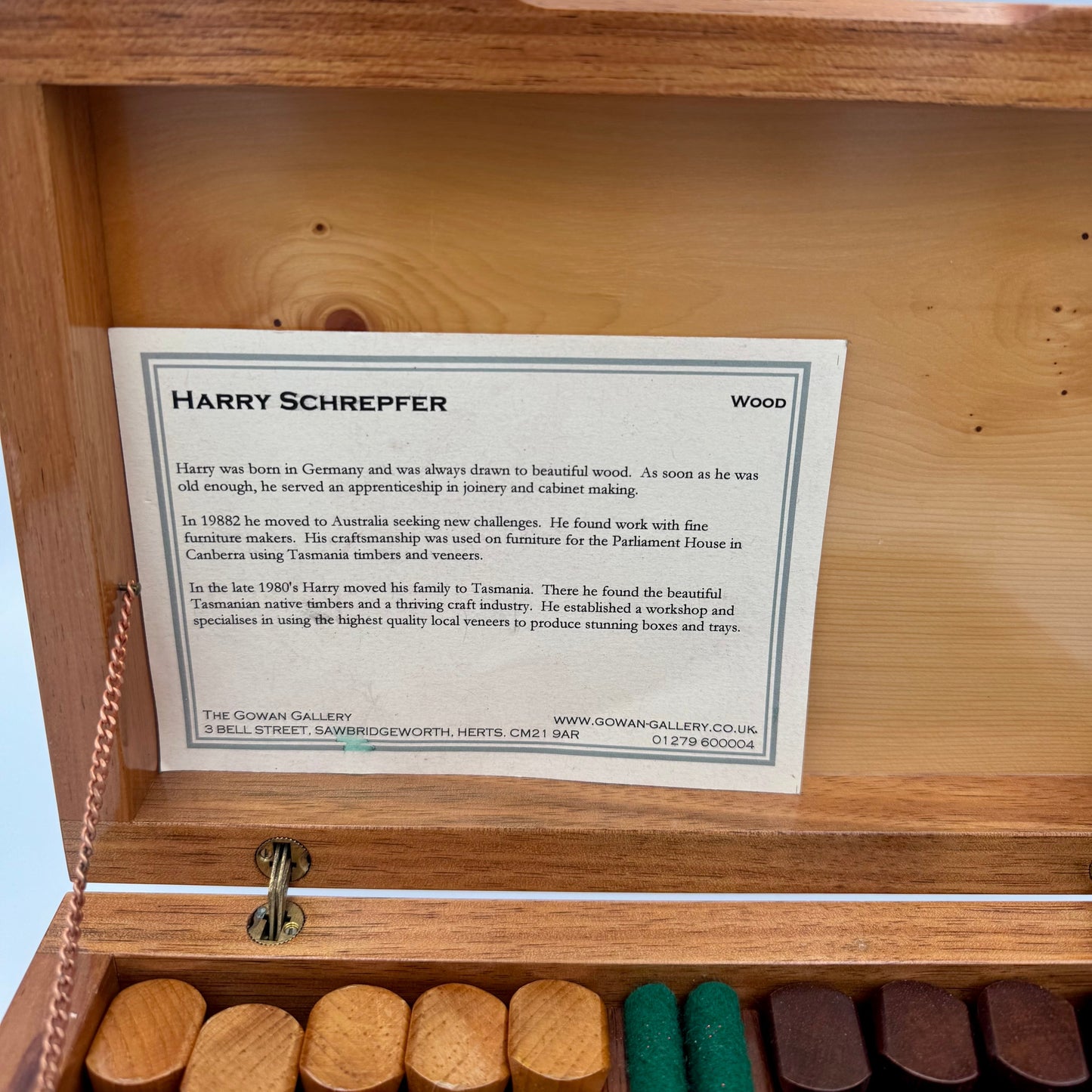 Mid century modern chess pieces presented in a beautiful Huon Pine Harry Schrepfer box
