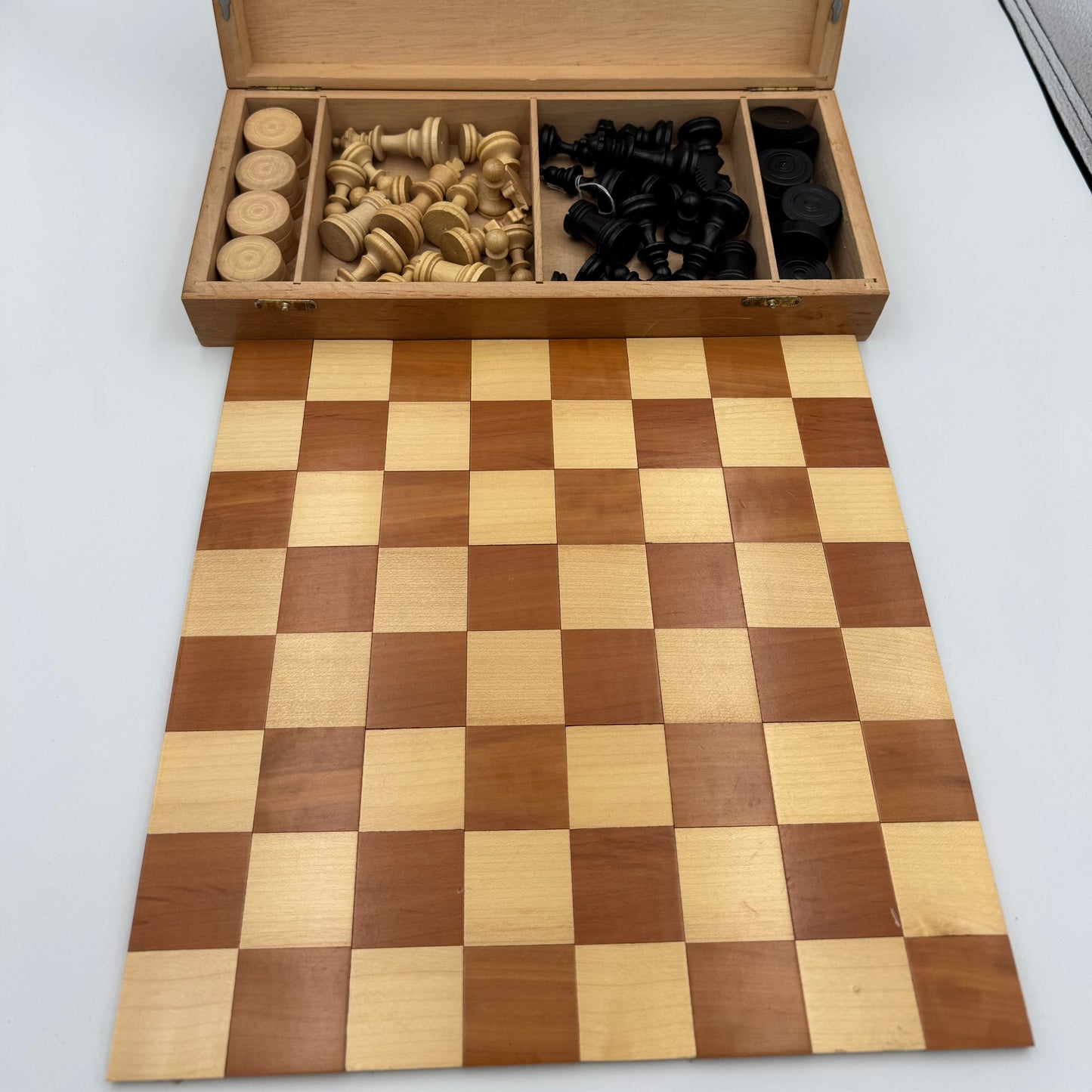 60's/70's vintage hand carved chess and draughts set with folding campaign board