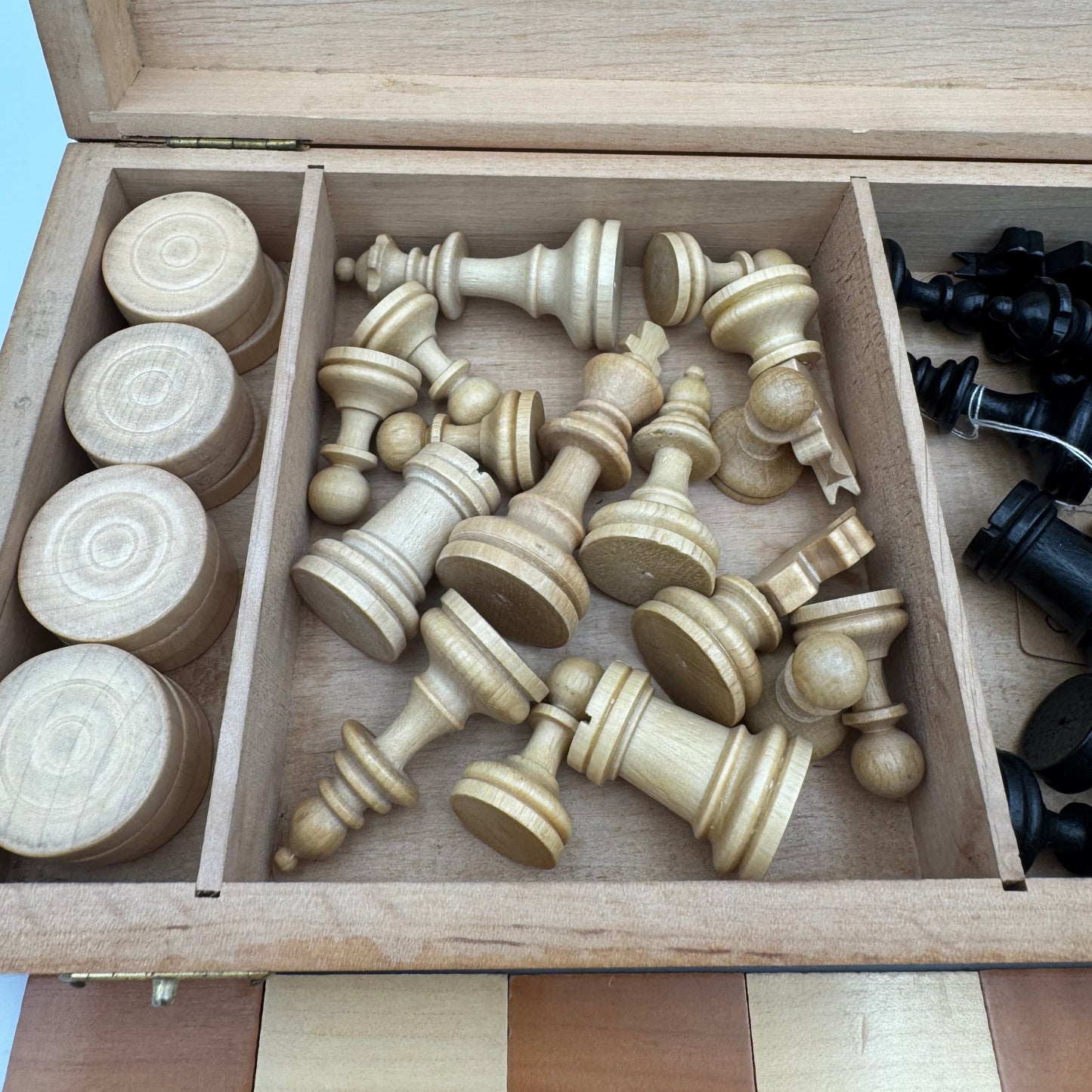 60's/70's vintage hand carved chess and draughts set with folding campaign board