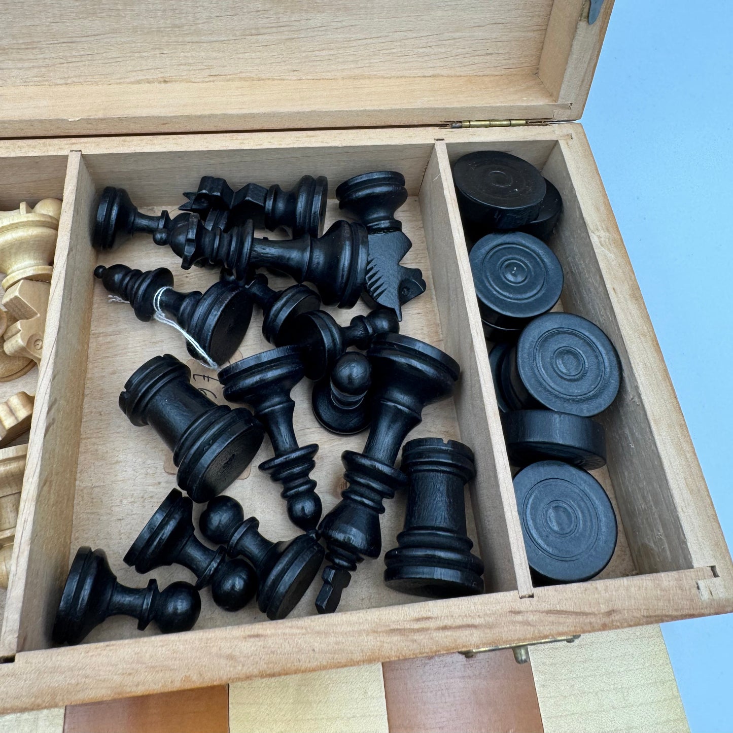 60's/70's vintage hand carved chess and draughts set with folding campaign board