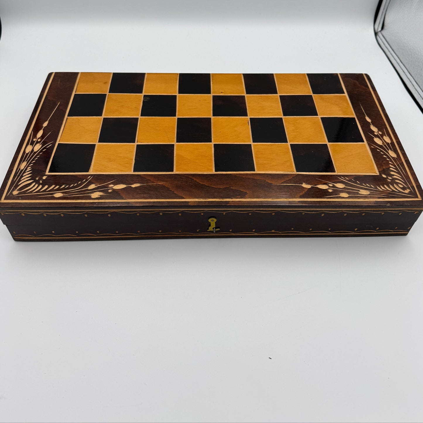 1960s Czech hand carved wooden folding chess board and chess pieces