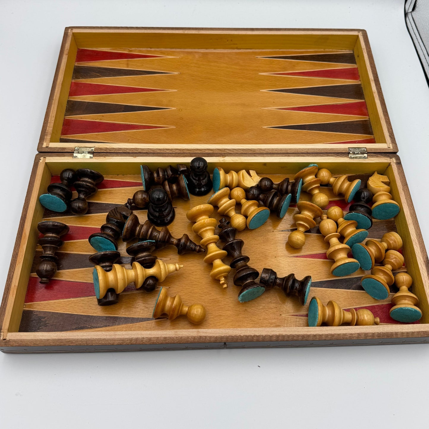 1960s Czech hand carved wooden folding chess board and chess pieces