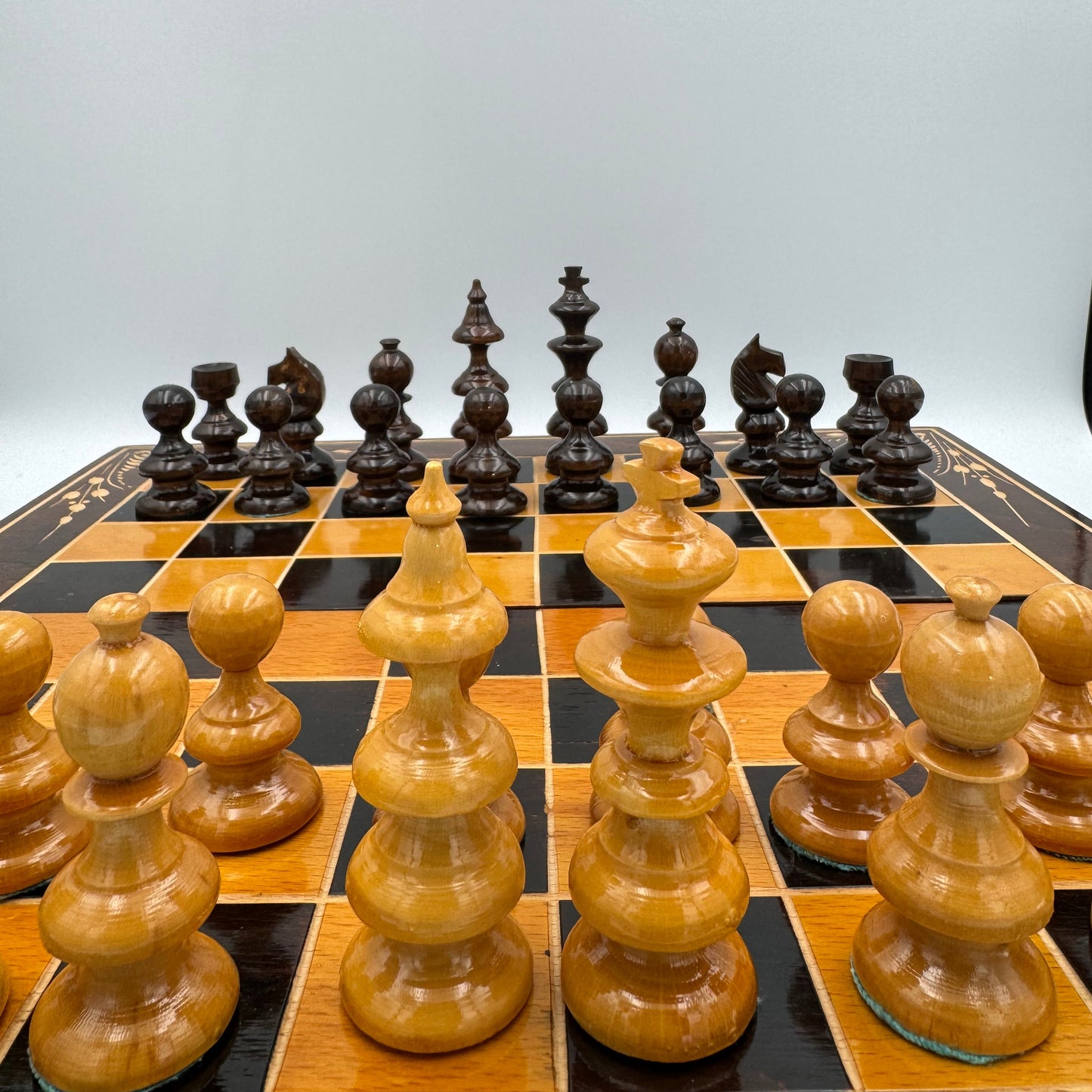 1960s Czech hand carved wooden folding chess board and chess pieces