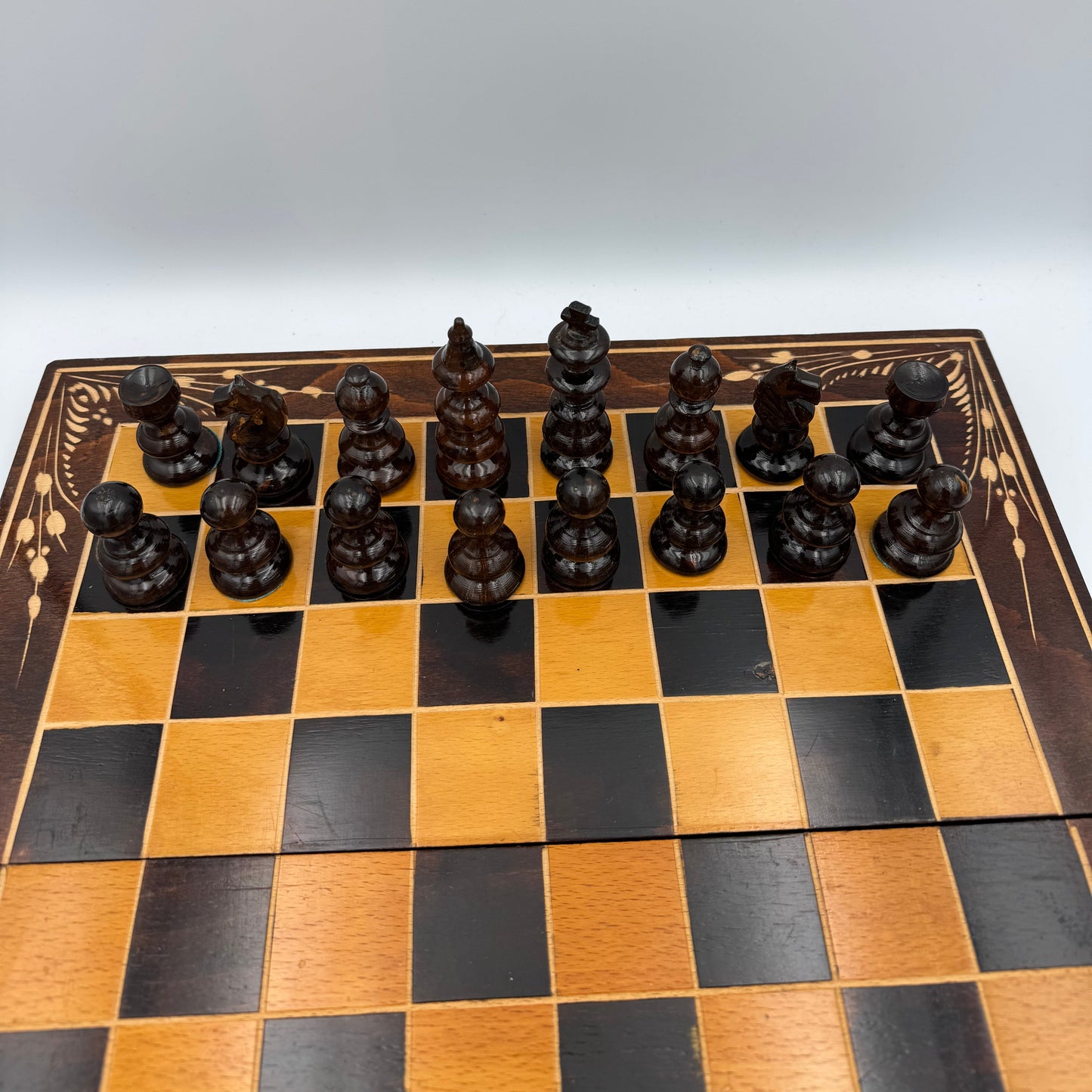 1960s Czech hand carved wooden folding chess board and chess pieces