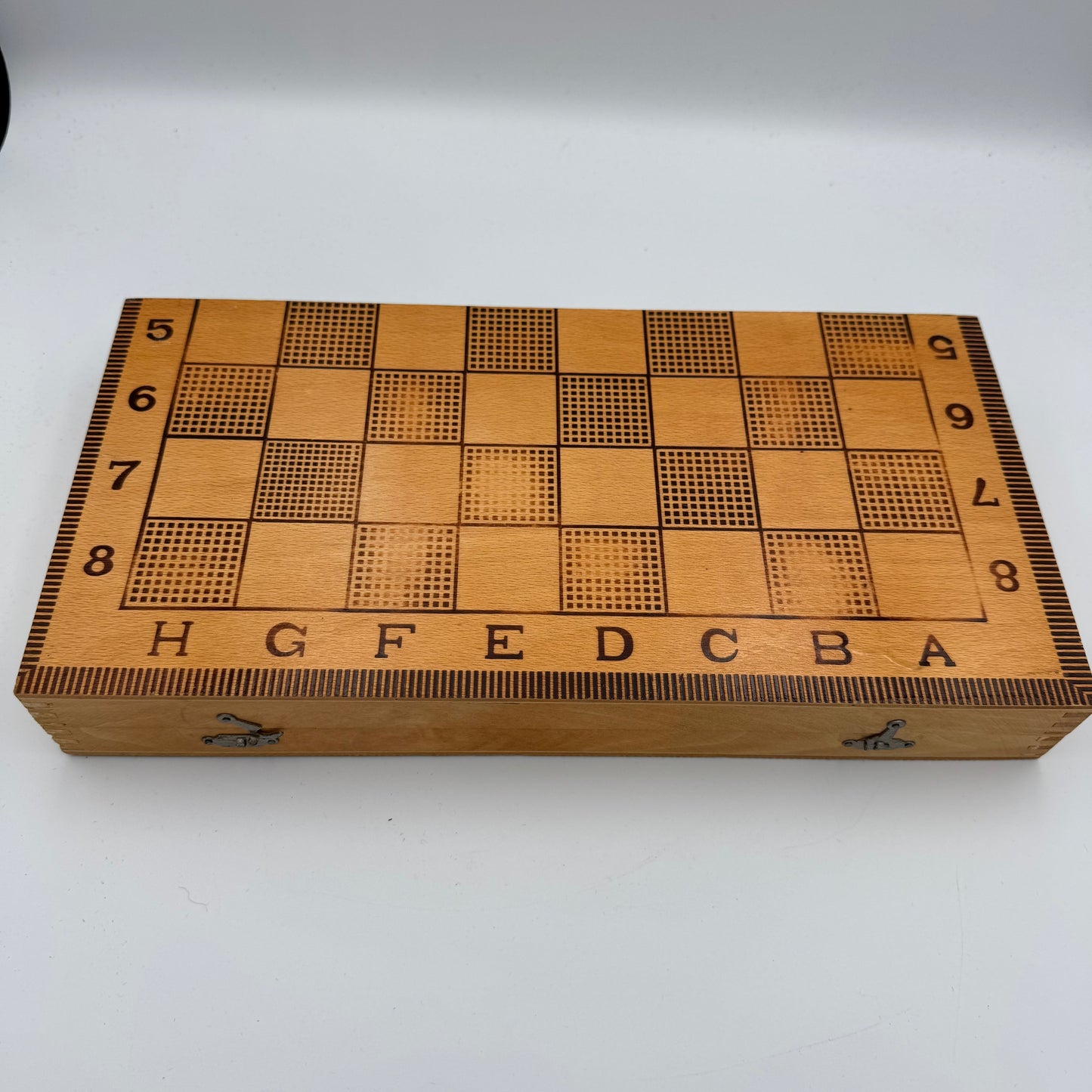 1980's wooden pyrography Soviet chess set and folding board