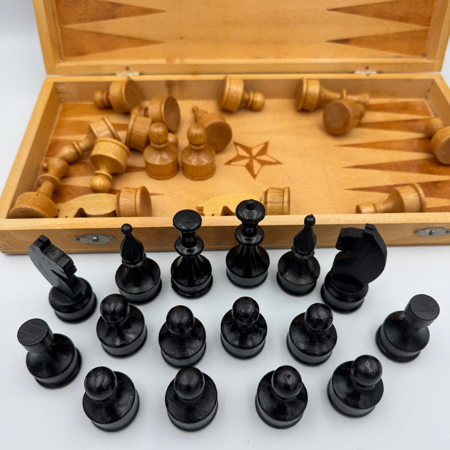 1980's wooden pyrography Soviet chess set and folding board