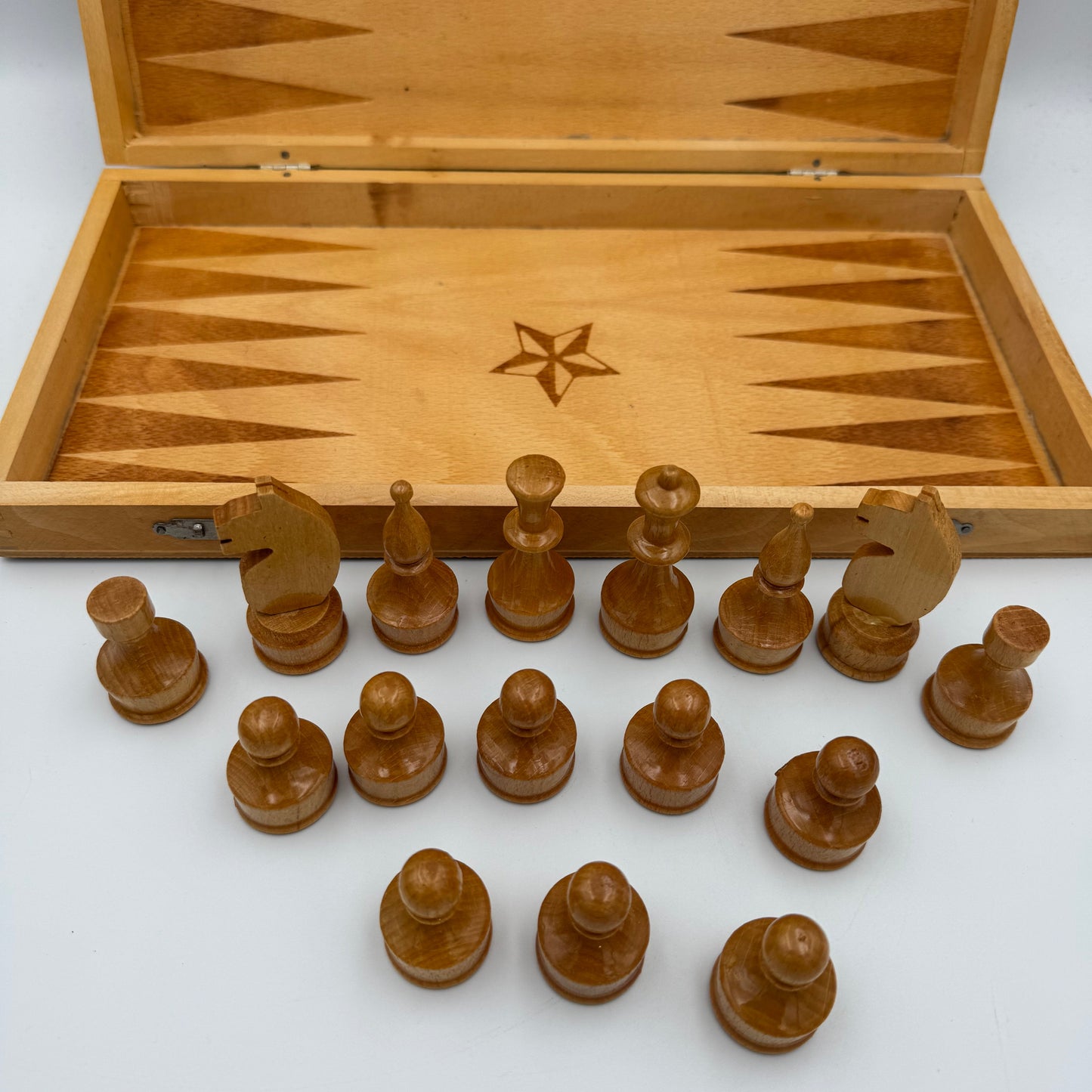 1980's wooden pyrography Soviet chess set and folding board