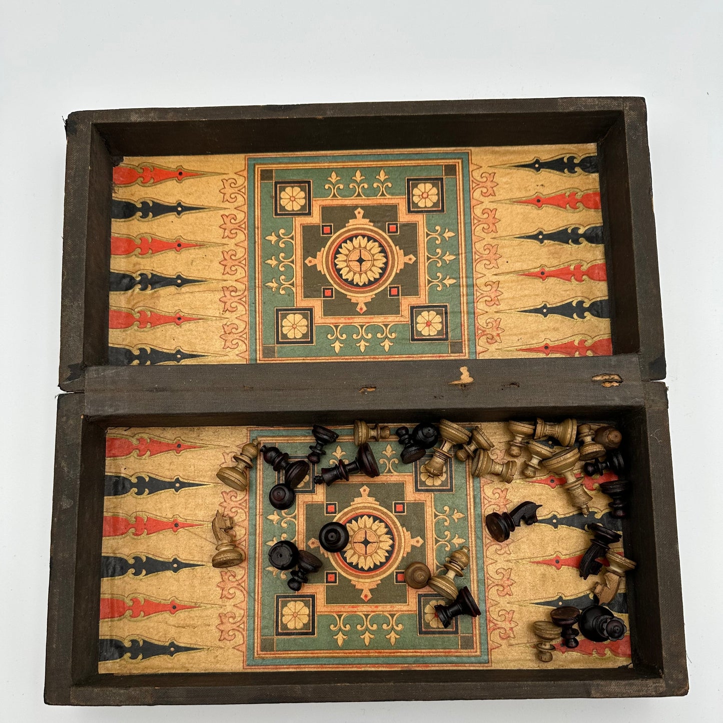 Antique History of England folding chess board with miniature pieces
