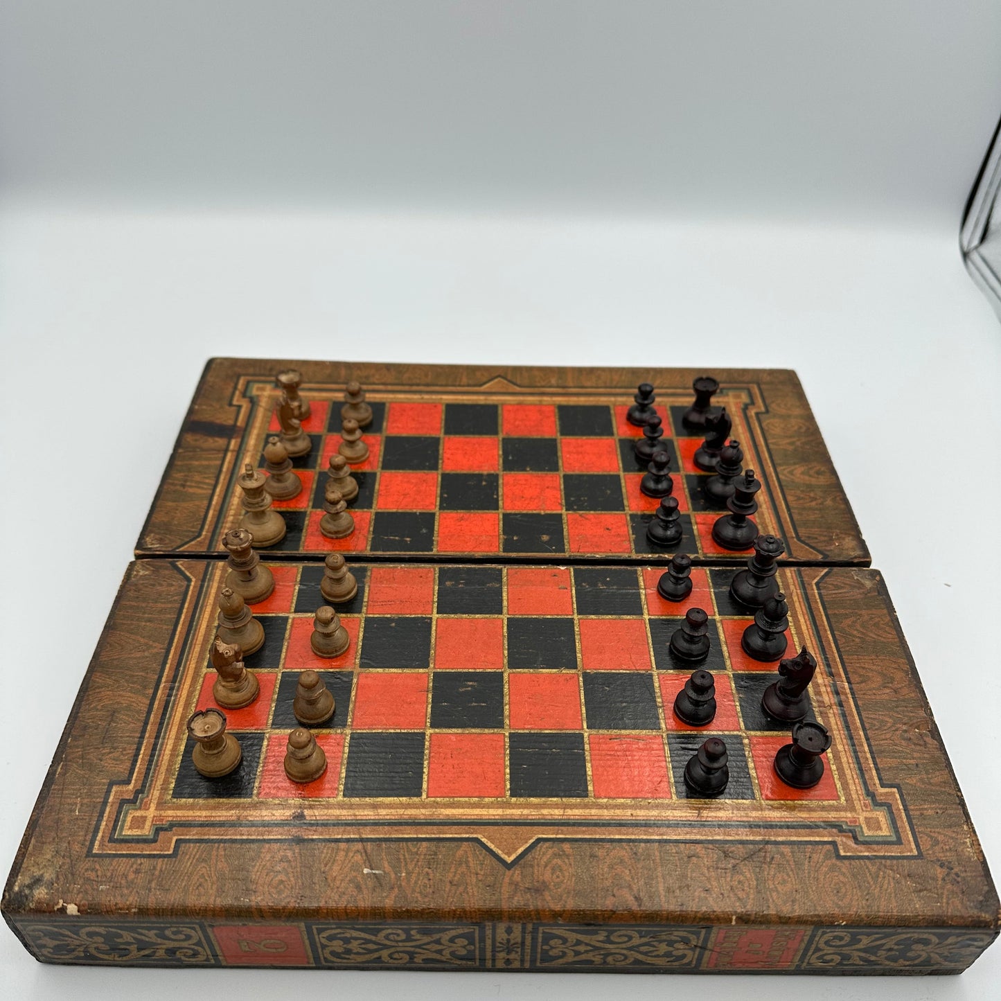 Antique History of England folding chess board with miniature pieces