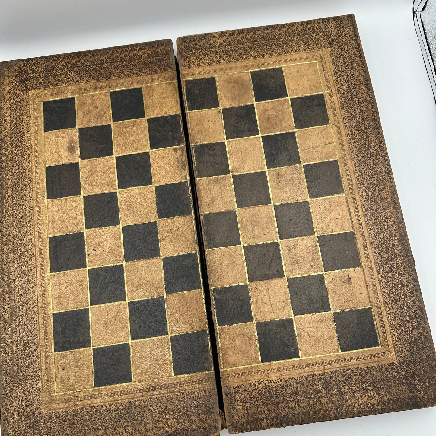 Antique c1890 History of America folding chessboard and backgammon board