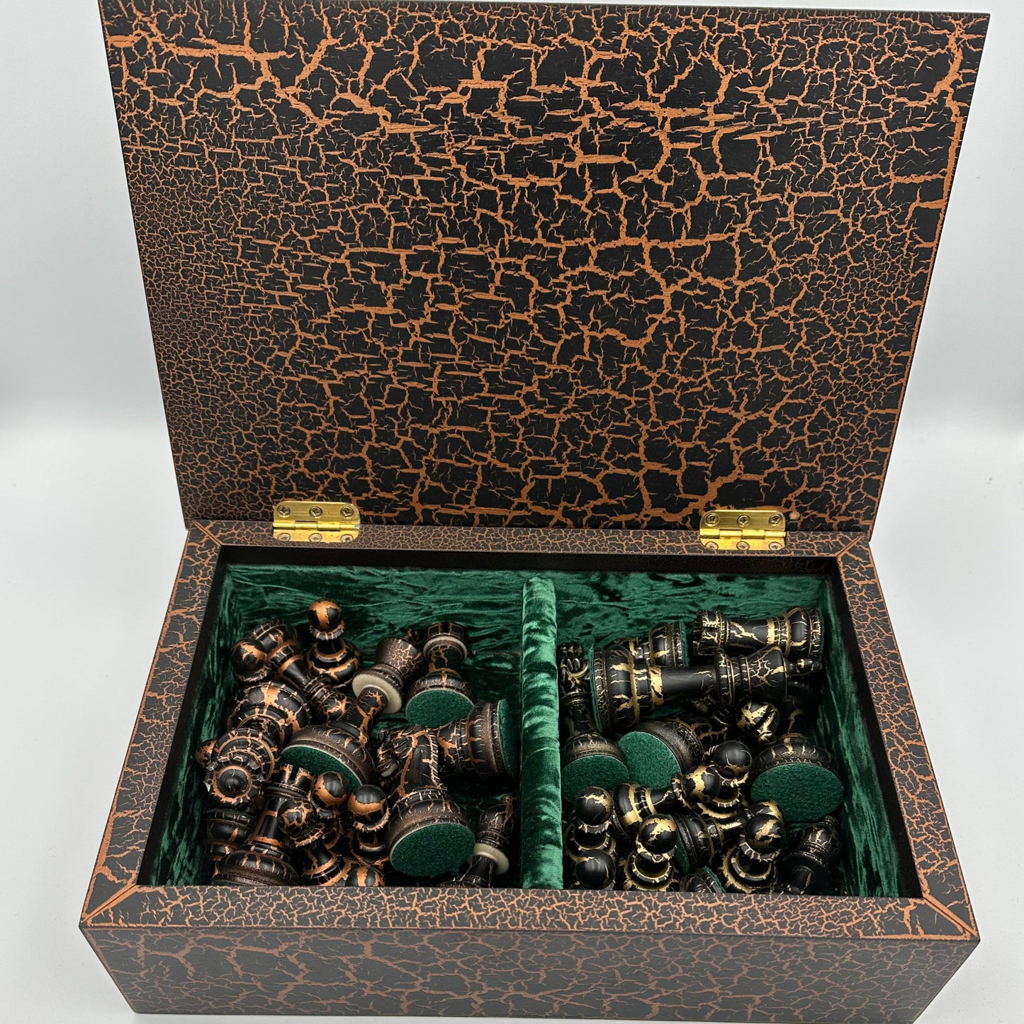 Staunton style chess pieces with bronze and gold crackle paint effect and matching box