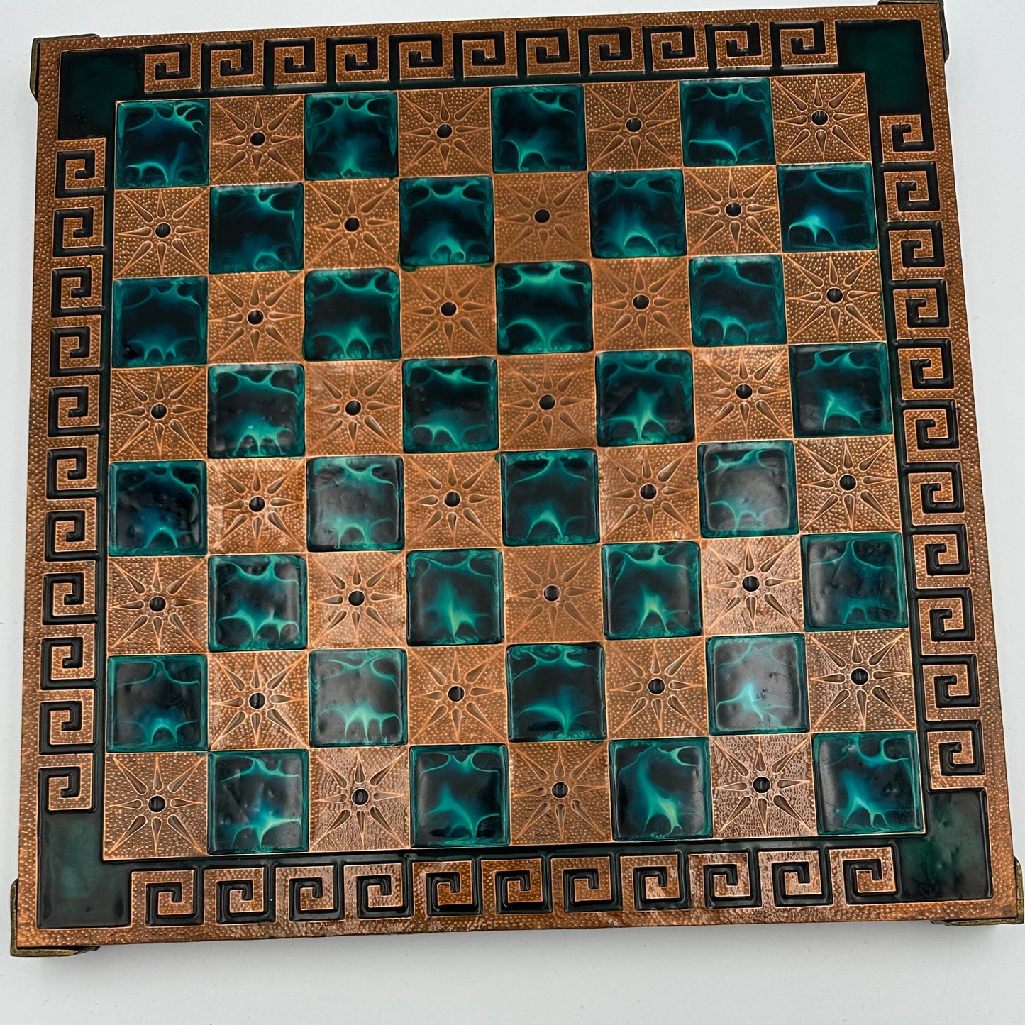 Marinakis vintage chess board with copper and blue squares