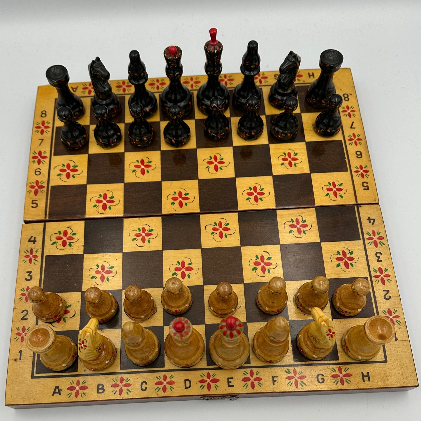 1970s Soviet-era hand-painted chess set and folding board