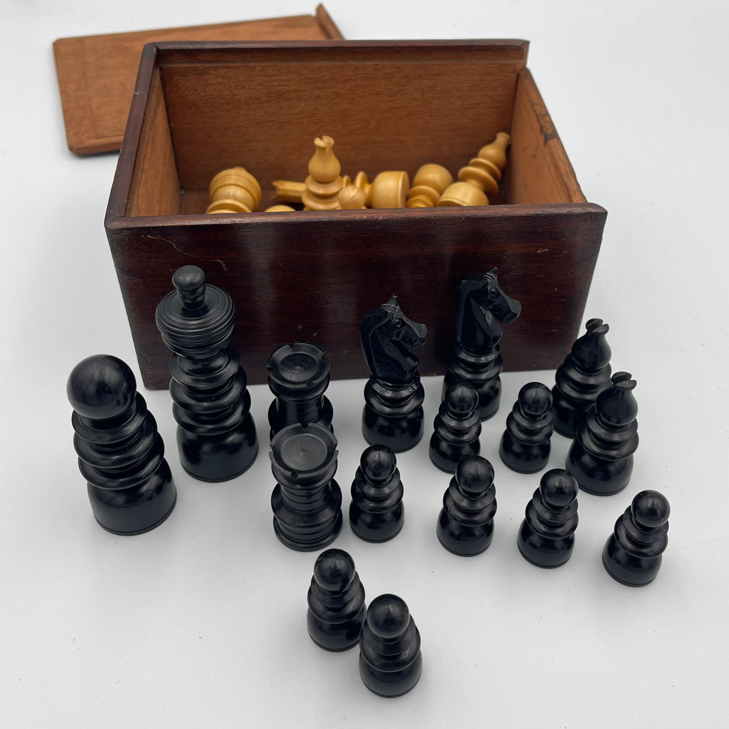 Vintage St George pattern chess set in 1938 wooden box