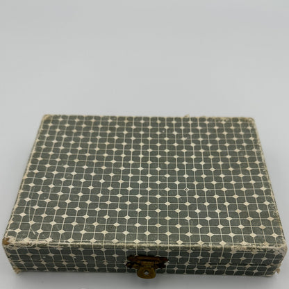1970s  pegged travel set with wooden board and geometric pattern wood case