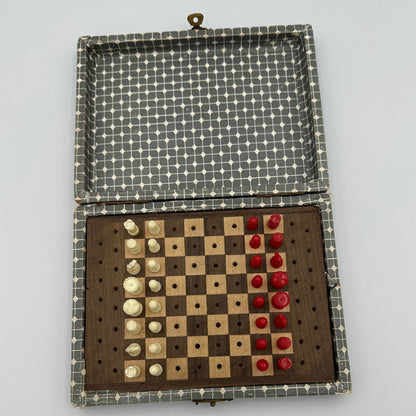 1970s  pegged travel set with wooden board and geometric pattern wood case