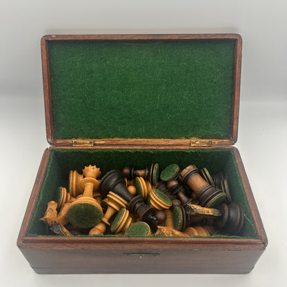 Antique dogfaced knight Staunton style chess pieces in wooden box