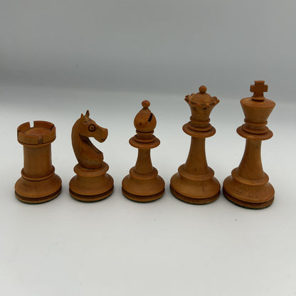 Antique dogfaced knight Staunton style chess pieces in wooden box