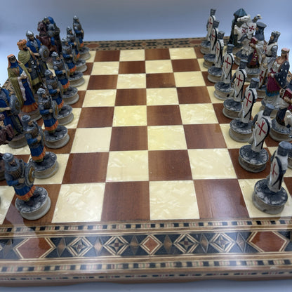 Vintage Helena marquetry wooden chess board with Crusades chess set