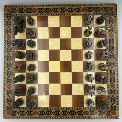 Vintage Helena marquetry wooden chess board with Crusades chess set