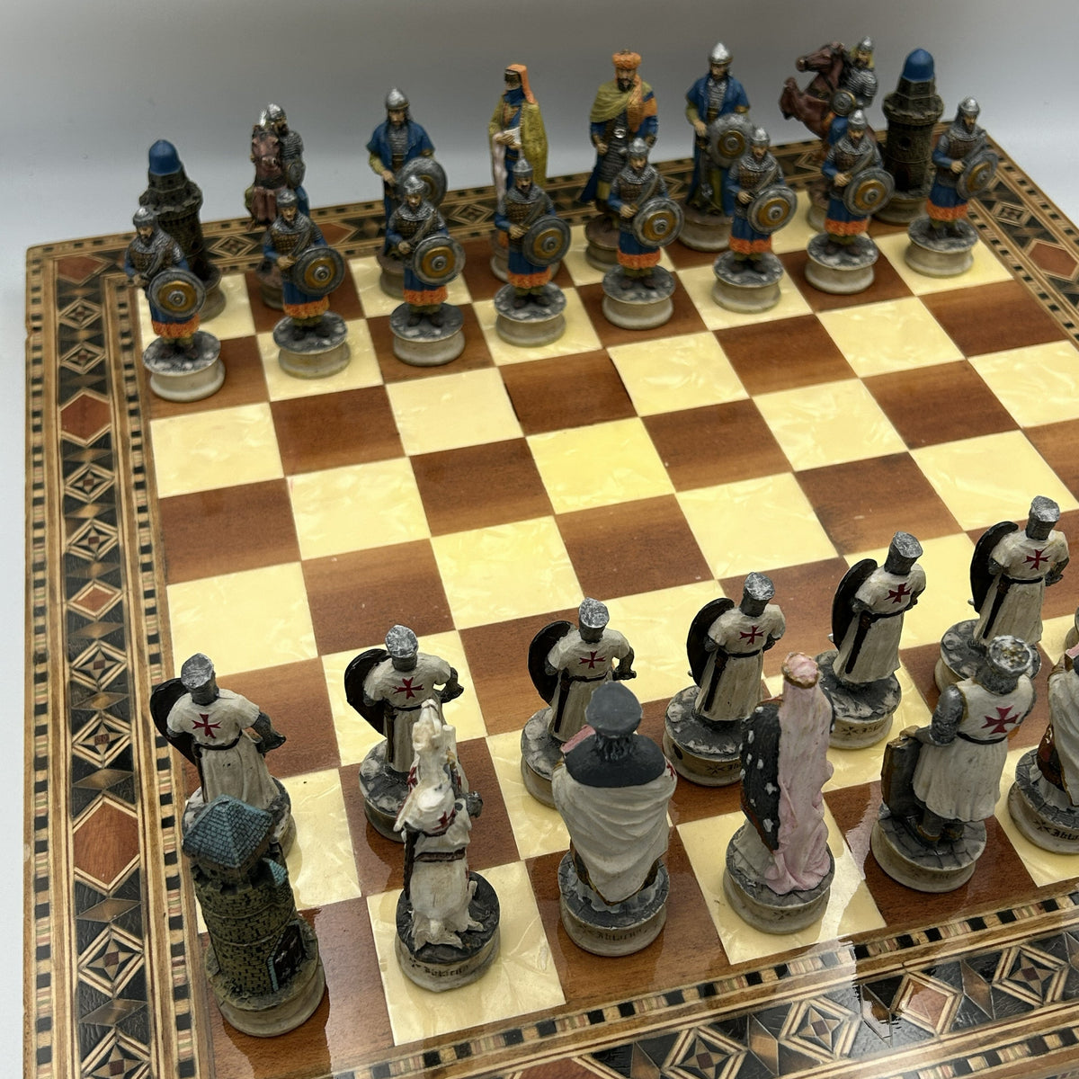 Vintage Helena marquetry wooden chess board with Crusades chess set