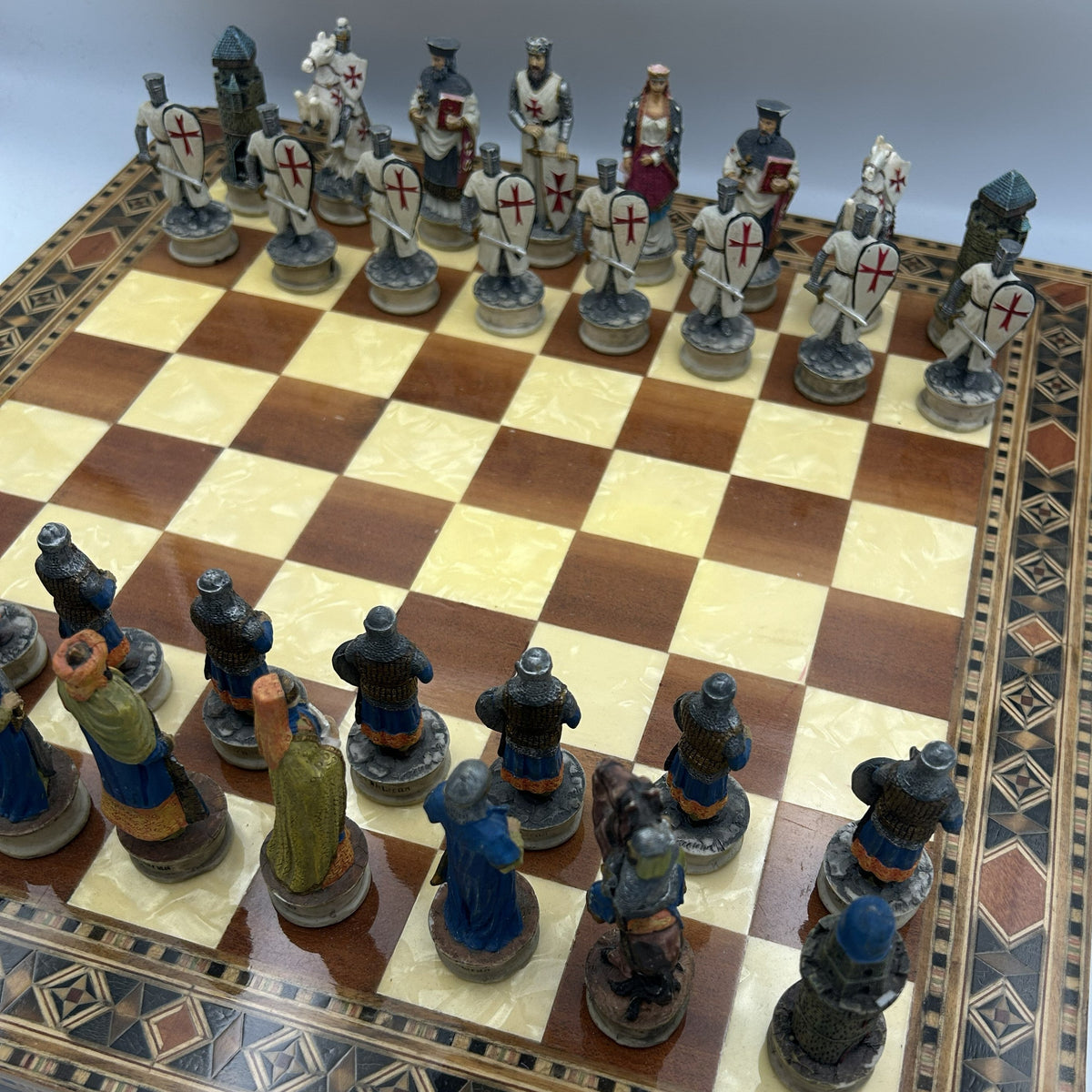 Vintage Helena marquetry wooden chess board with Crusades chess set
