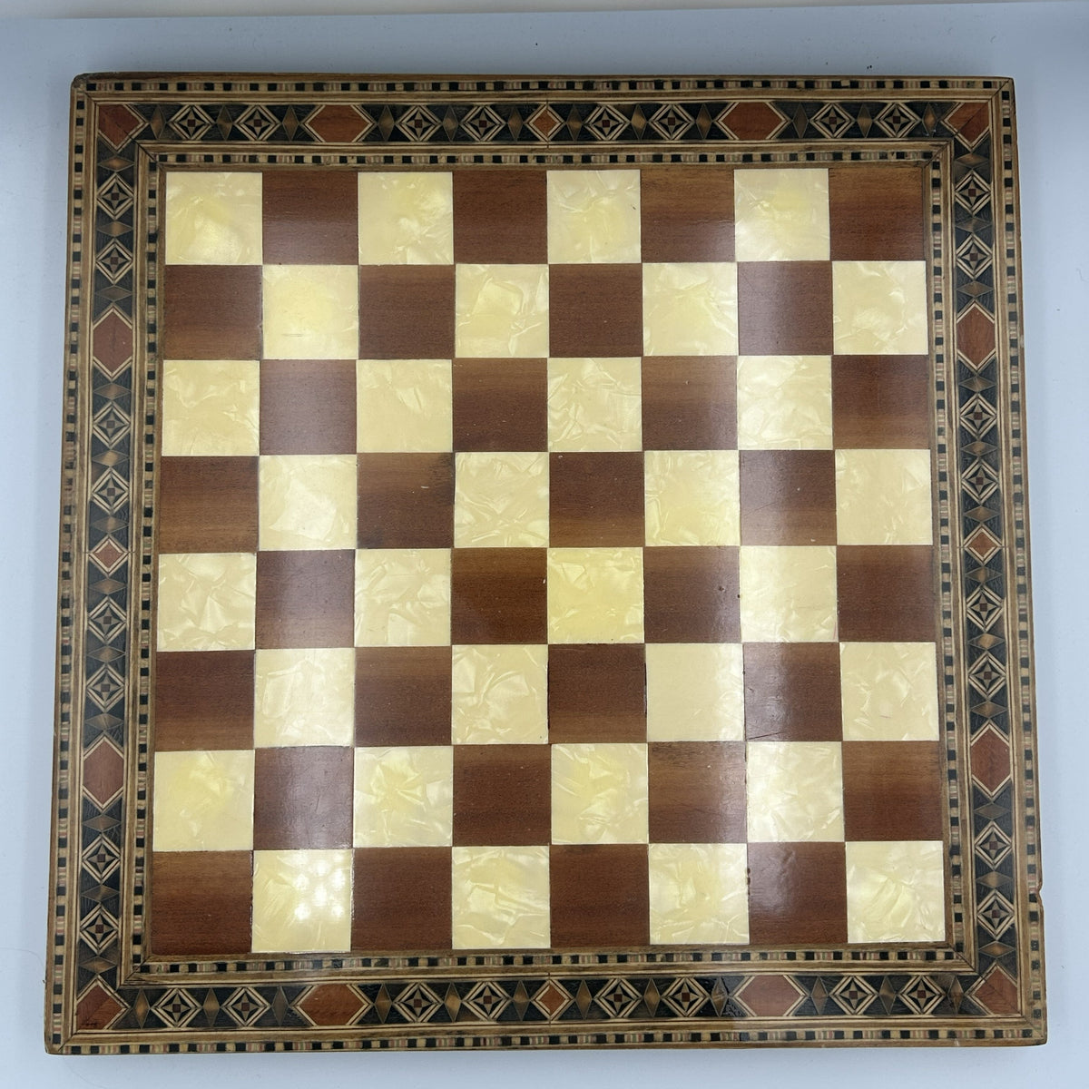 Vintage Helena marquetry wooden chess board with Crusades chess set