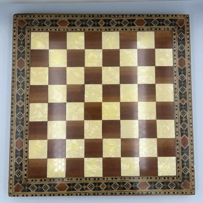 Vintage Helena marquetry wooden chess board with Crusades chess set