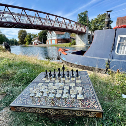 Vintage mid century Syrian arabesque mosaic inlay wood and mother of pearl chess and backgammon board (no pieces)