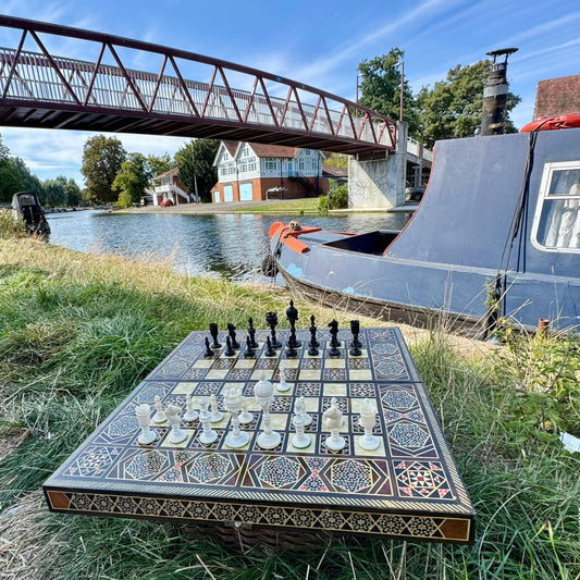 Vintage mid century Syrian arabesque mosaic inlay wood and mother of pearl chess and backgammon board (no pieces)