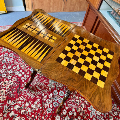 c1860 Victorian burr walnut and marquetry games and sewing table