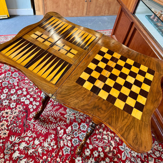 c1860 Victorian burr walnut and marquetry games and sewing table