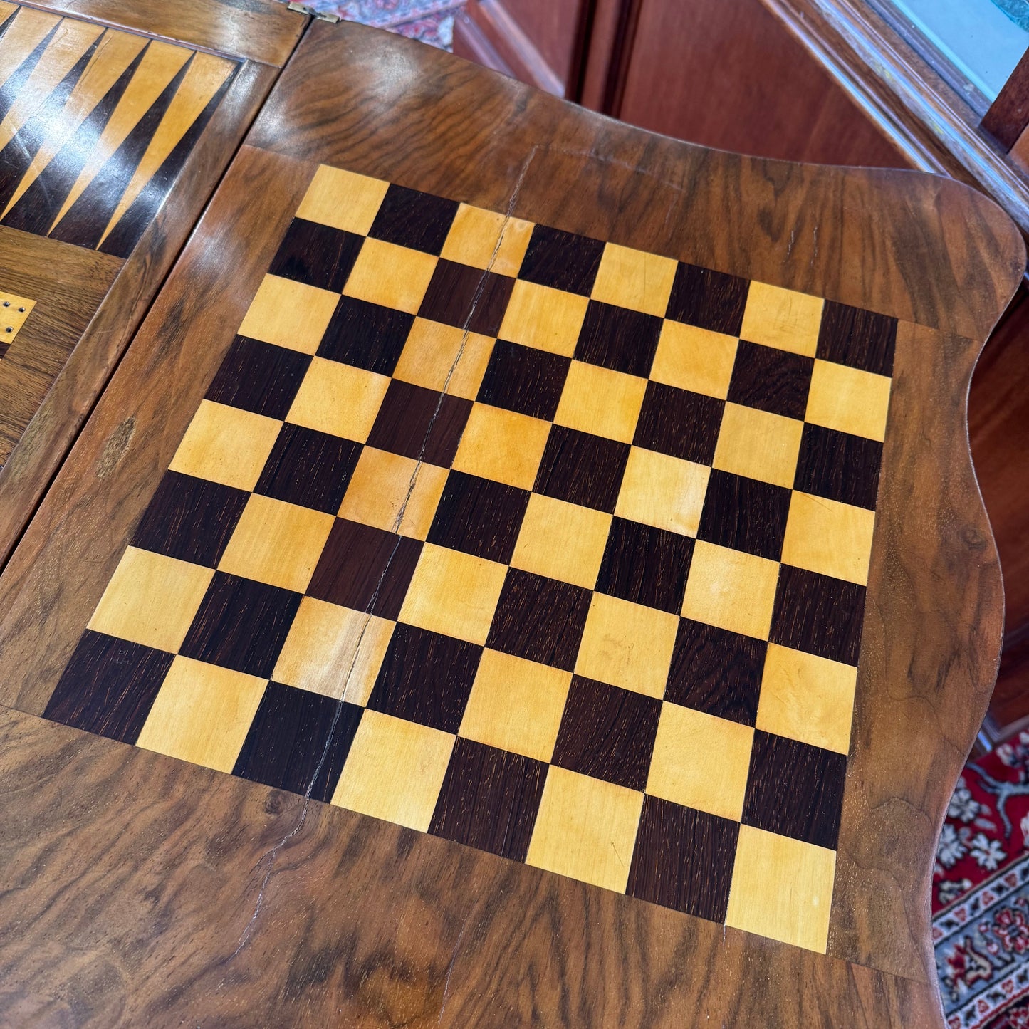 c1860 Victorian burr walnut and marquetry games and sewing table