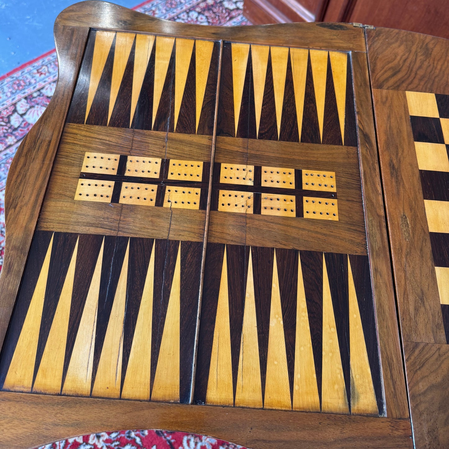 c1860 Victorian burr walnut and marquetry games and sewing table