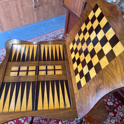 c1860 Victorian burr walnut and marquetry games and sewing table