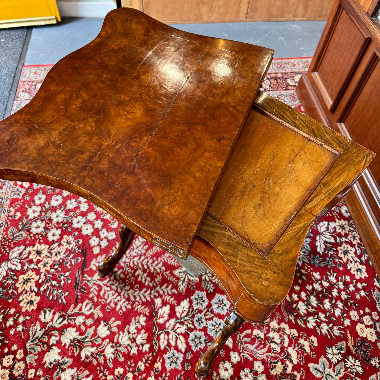 c1860 Victorian burr walnut and marquetry games and sewing table