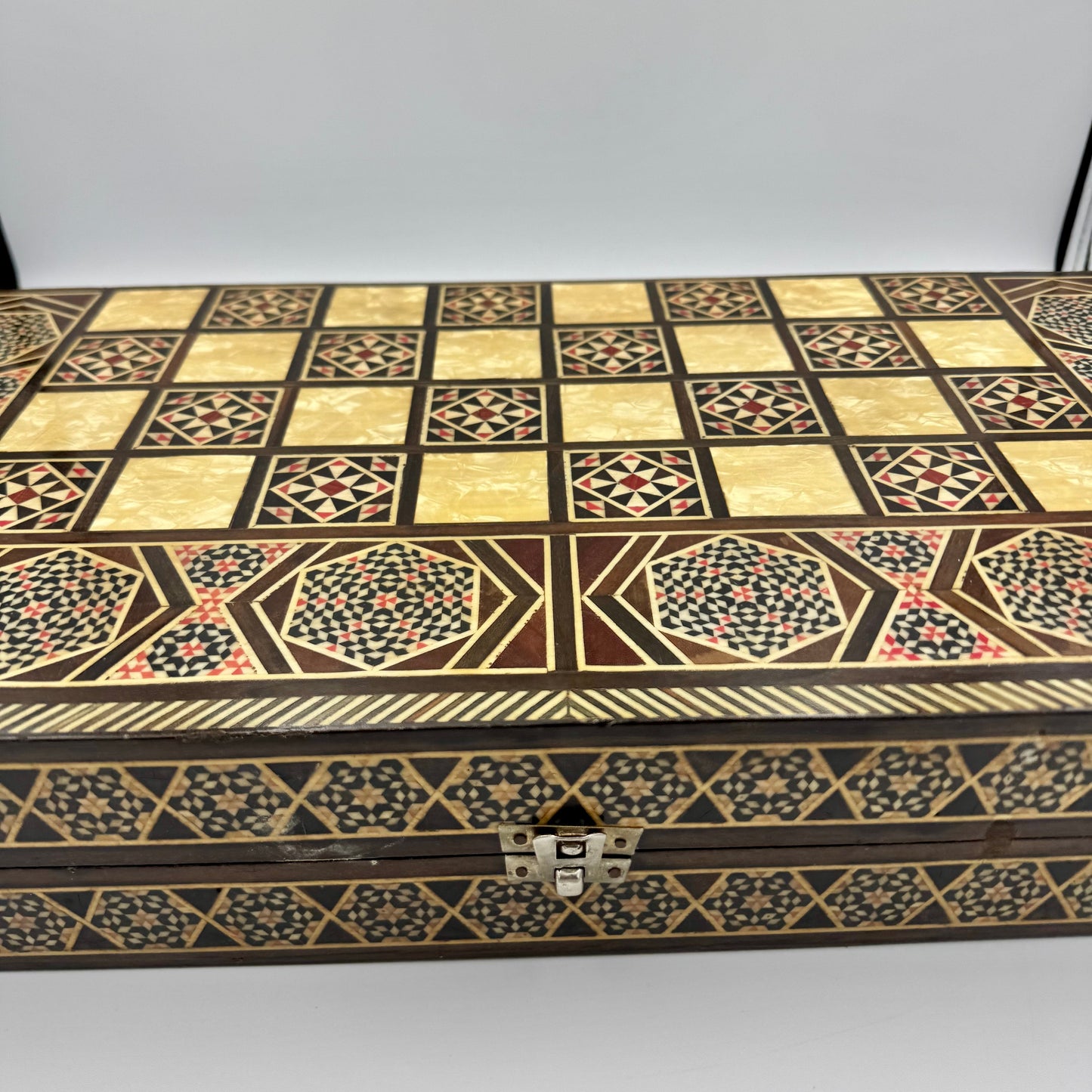 Vintage mid century Syrian arabesque mosaic inlay wood and mother of pearl chess and backgammon board (no pieces)
