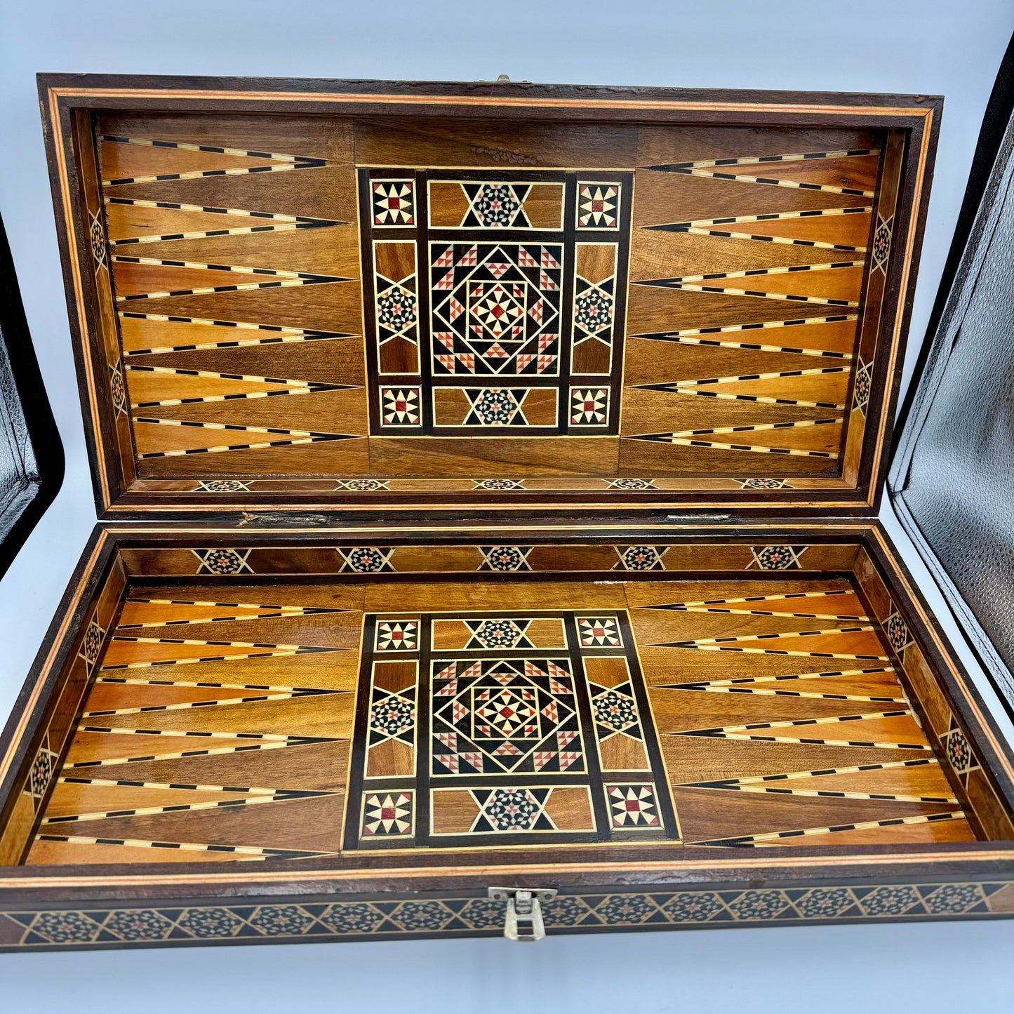 Vintage mid century Syrian arabesque mosaic inlay wood and mother of pearl chess and backgammon board (no pieces)