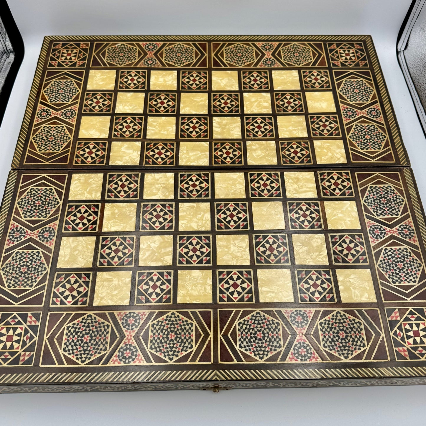 Vintage mid century Syrian arabesque mosaic inlay wood and mother of pearl chess and backgammon board (no pieces)