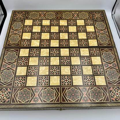 Vintage mid century Syrian arabesque mosaic inlay wood and mother of pearl chess and backgammon board (no pieces)