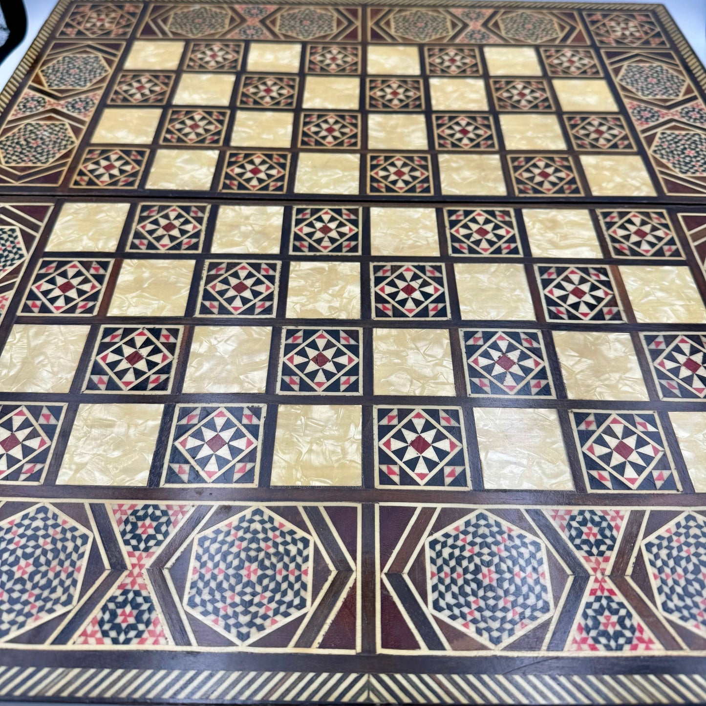 Vintage mid century Syrian arabesque mosaic inlay wood and mother of pearl chess and backgammon board (no pieces)