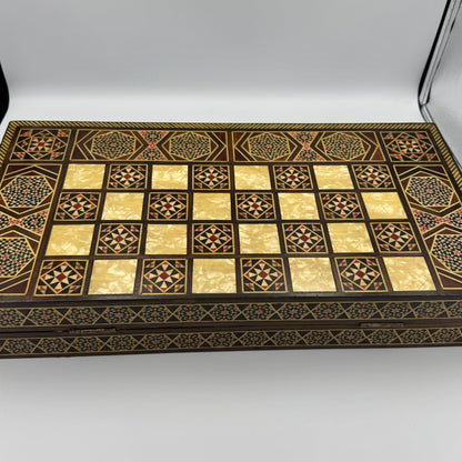 Vintage mid century Syrian arabesque mosaic inlay wood and mother of pearl chess and backgammon board (no pieces)