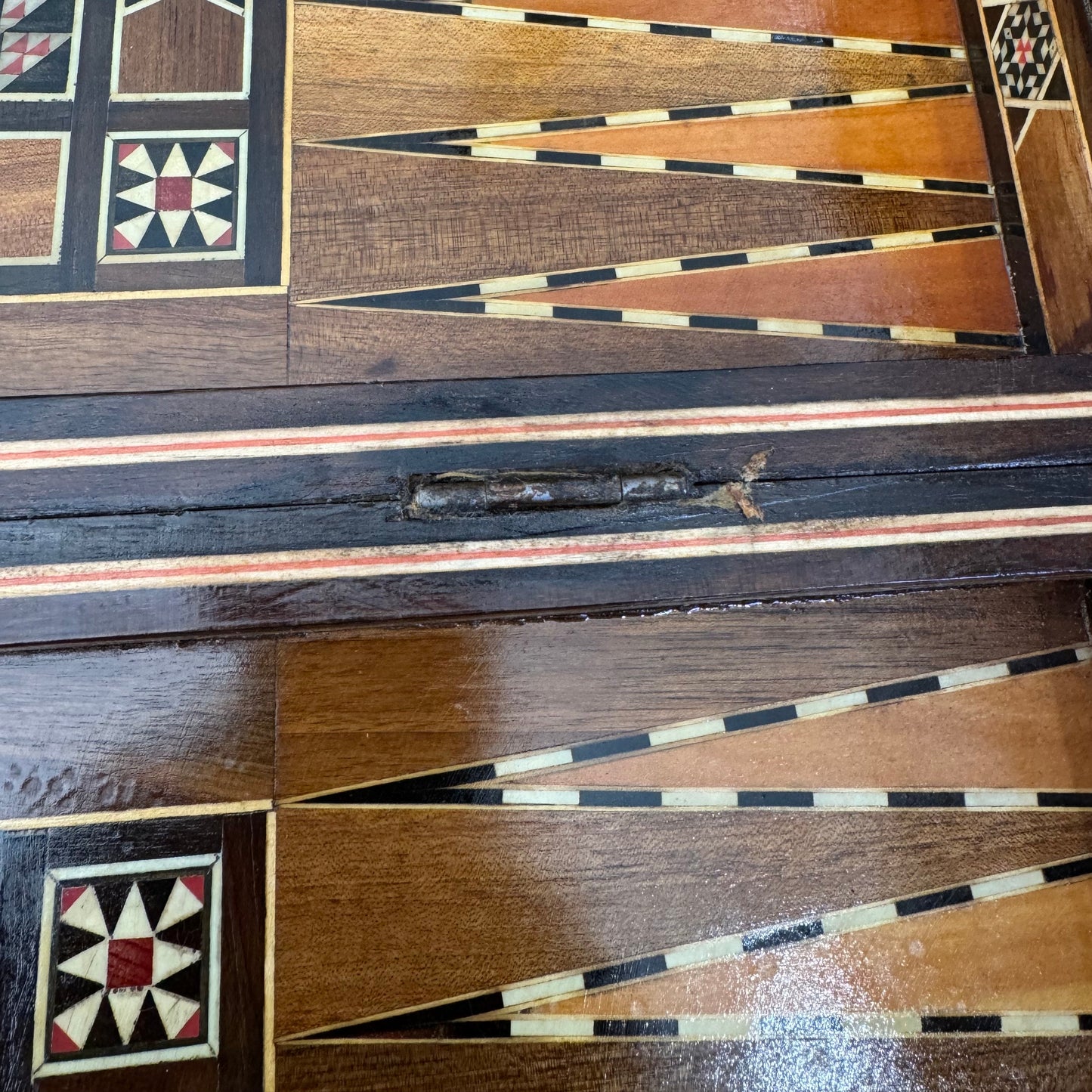 Vintage mid century Syrian arabesque mosaic inlay wood and mother of pearl chess and backgammon board (no pieces)